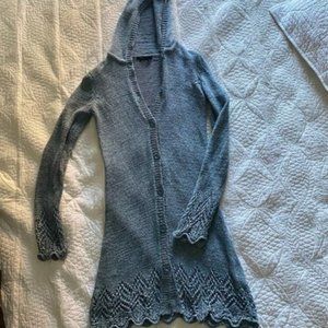 BCBGMaxazria Long Blue Hooded Duster Cardigan